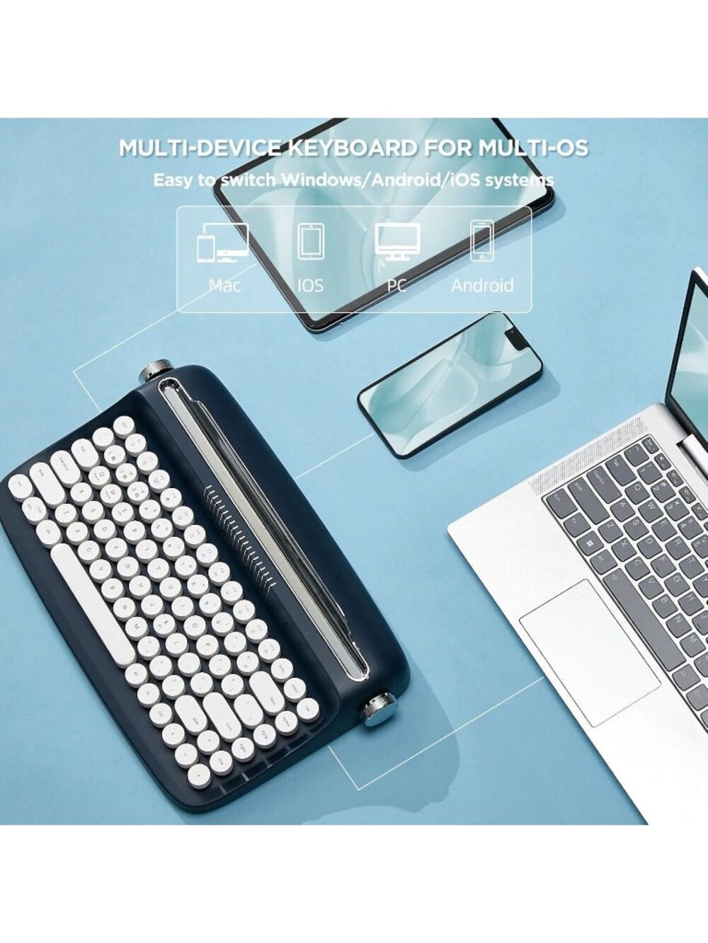 Retro Typewriter Bluetooth Keyboard YUNZII ACTTO B303 Blue NIOB - Picture 3 of 4